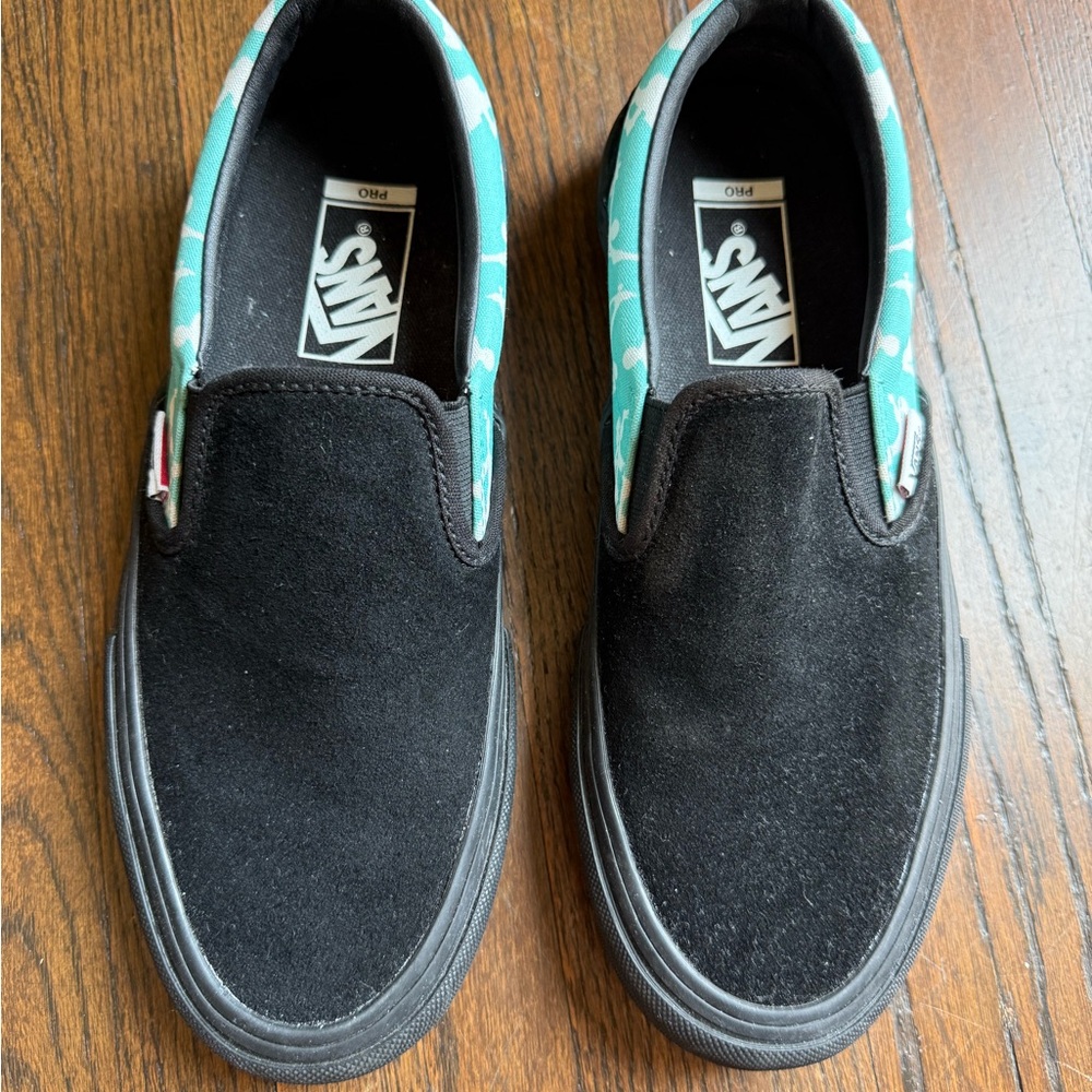 Unisex Vans Black and Teal Slip-On Sneakers.  Tony Hawk Pro Skater edition
